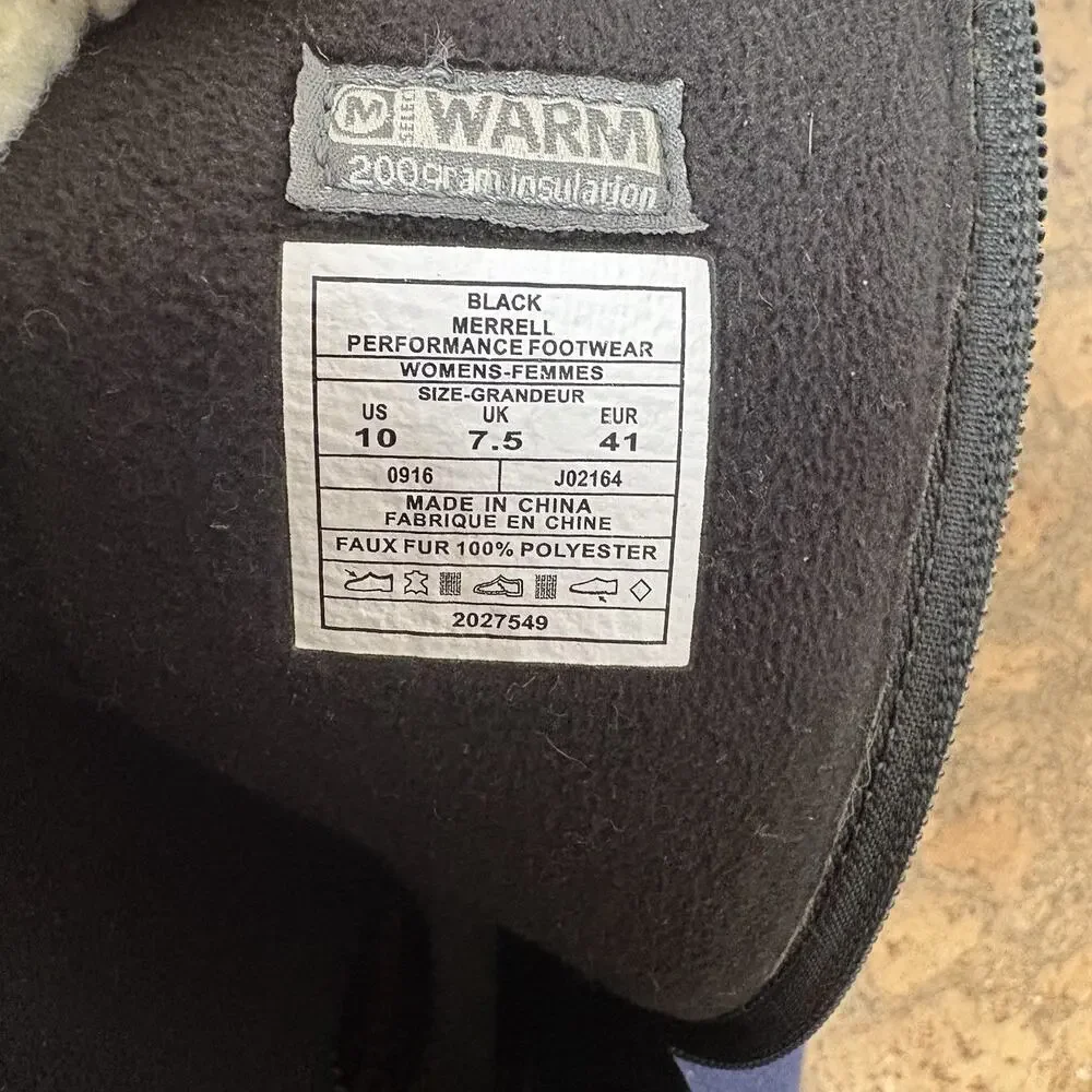 Merrell Womens Black Insulated Winter Boots US 10 Waterproof Faux Fur MId-calf